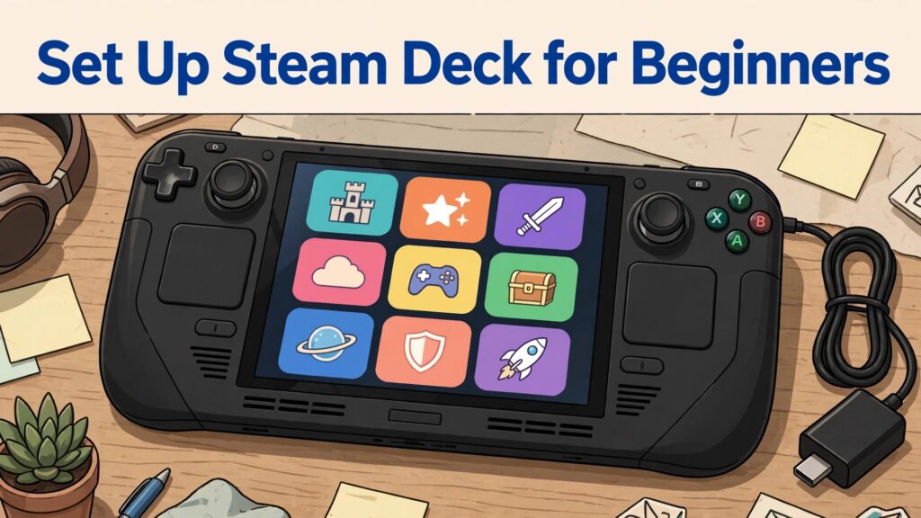 set up Steam Deck for beginners thumbnail showing a handheld console with game icons on a desk and bold title text Set Up Steam Deck for Beginners