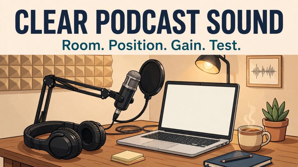 set up USB microphone for podcast beginners thumbnail showing a podcast microphone on a boom arm beside a laptop and bold title text CLEAR PODCAST SOUND Room. Position. Gain. Test