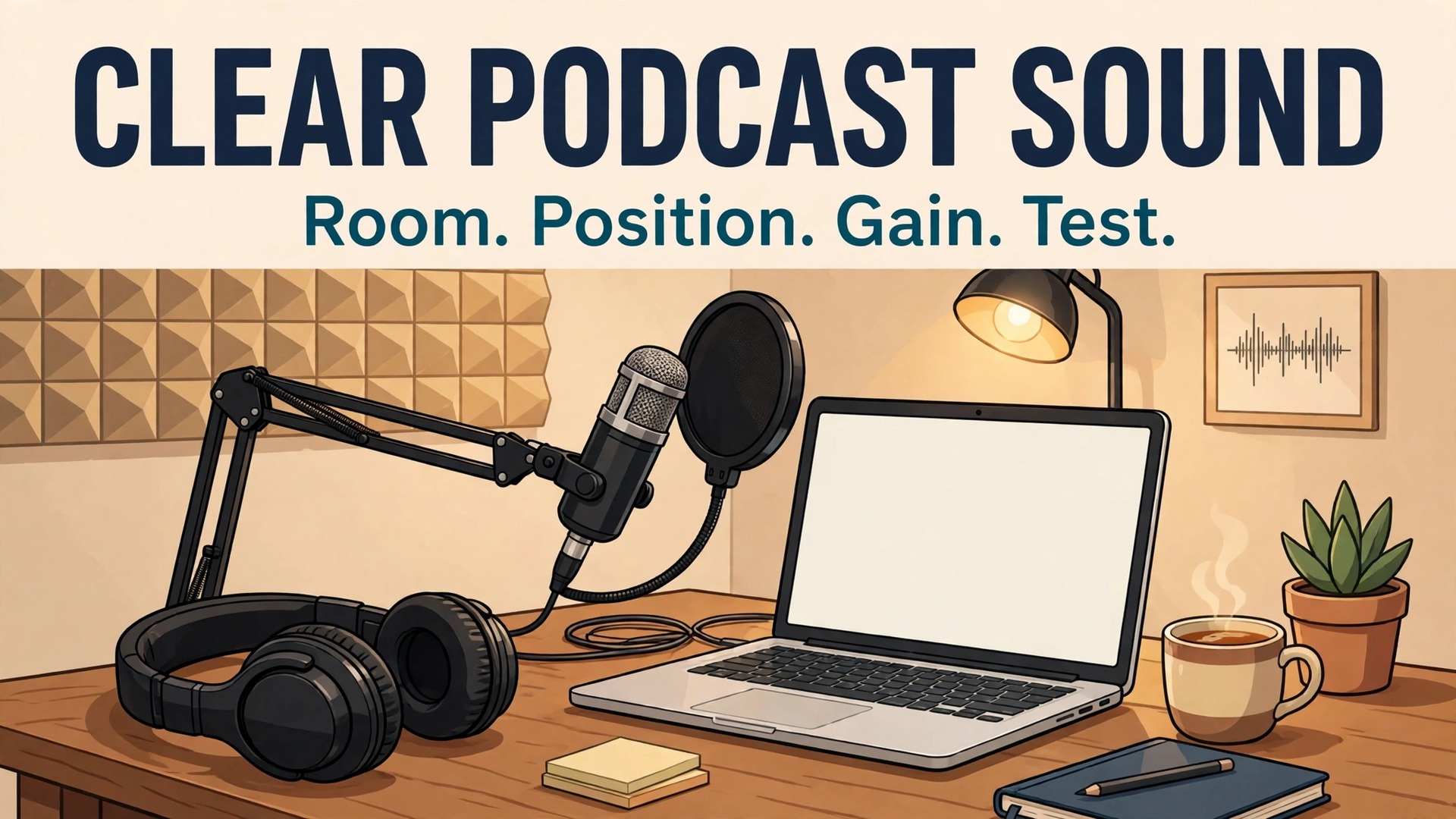 set up USB microphone for podcast beginners thumbnail showing a podcast microphone on a boom arm beside a laptop and bold title text CLEAR PODCAST SOUND Room. Position. Gain. Test