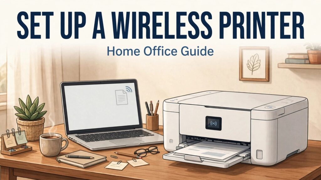 set up wireless printer for home office thumbnail showing a wireless printer beside a laptop on a home office desk and bold title text SET UP A WIRELESS PRINTER Home Office Guide