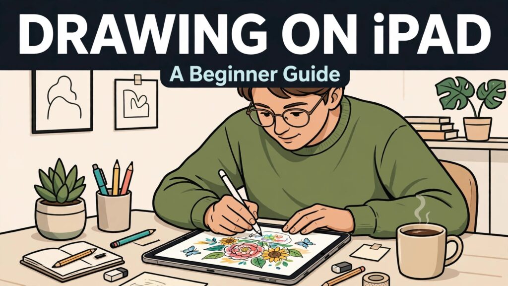 use iPad for drawing beginners thumbnail showing a person drawing flowers on a tablet with a stylus and bold title text DRAWING ON iPAD A Beginner Guide
