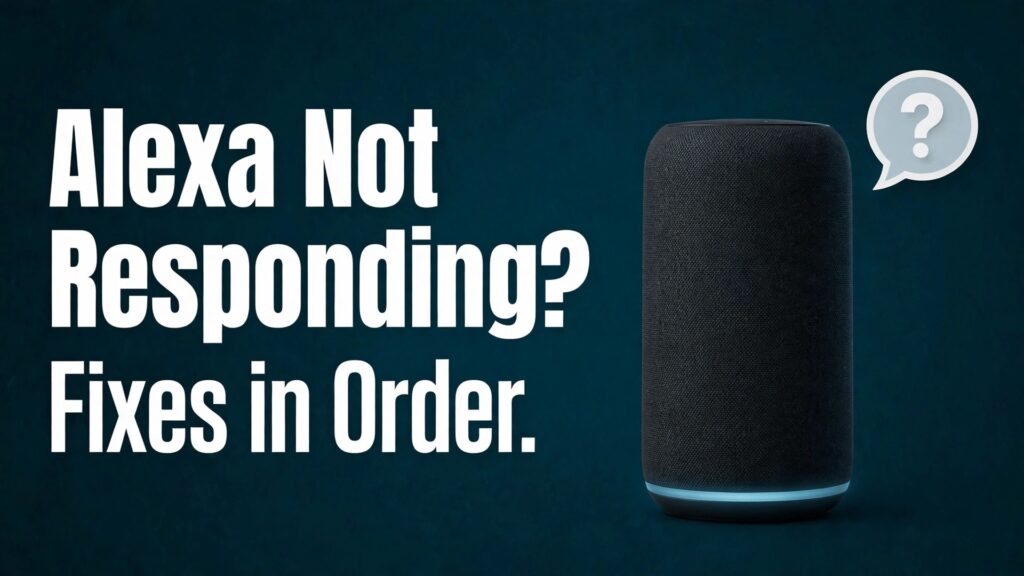 fix Alexa not responding Echo thumbnail showing a smart speaker with a question mark speech bubble and bold title text Alexa Not Responding Fixes in Order