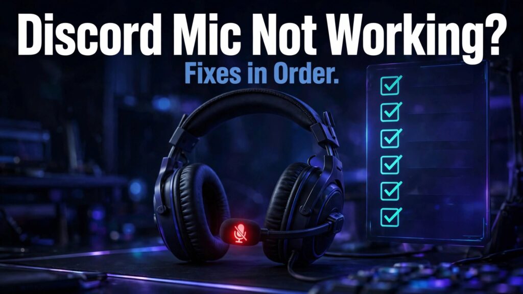 fix Discord mic not working thumbnail showing a gaming headset with a muted microphone and a fix checklist and bold title text Discord Mic Not Working Fixes in Order
