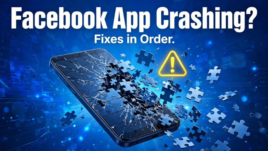 fix Facebook app crashing Android thumbnail showing a phone screen breaking into puzzle pieces and bold title text Facebook App Crashing Fixes in Order