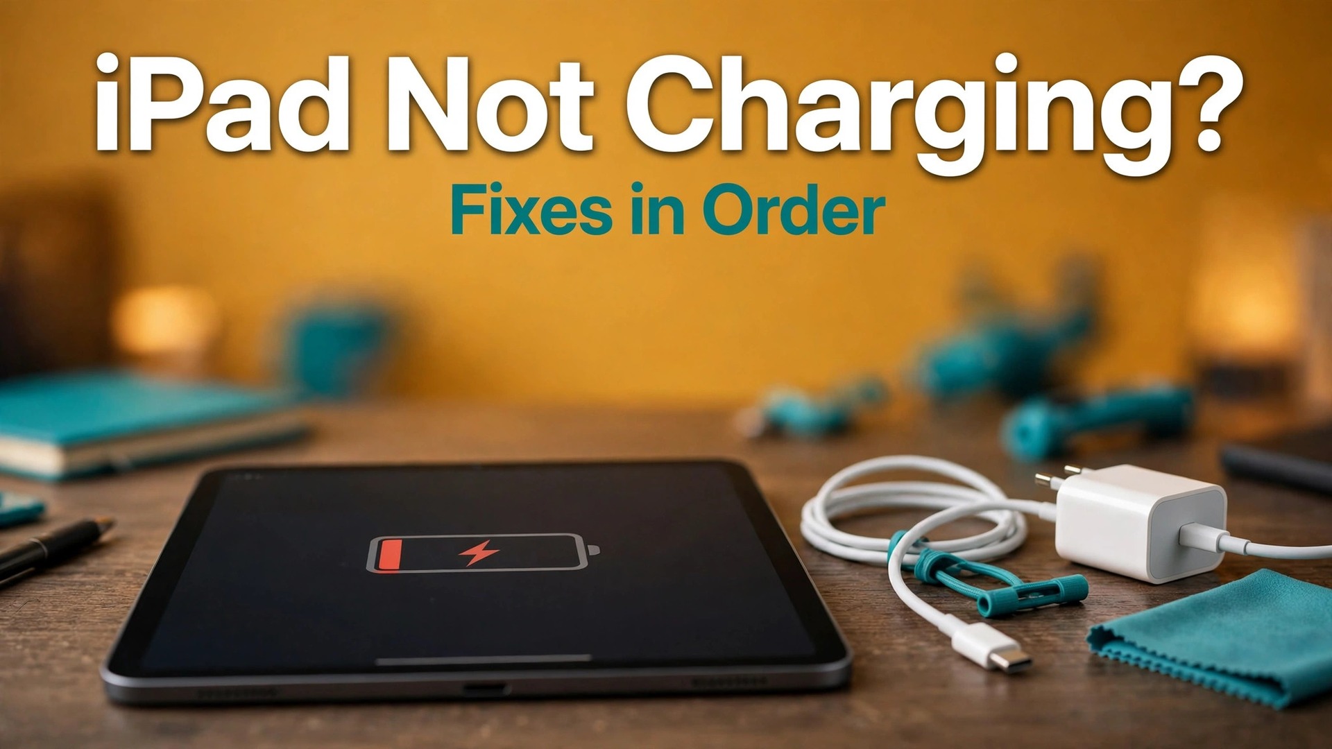 fix iPad not charging thumbnail showing a tablet with a low battery icon beside a charger and bold title text iPad Not Charging Fixes in Order