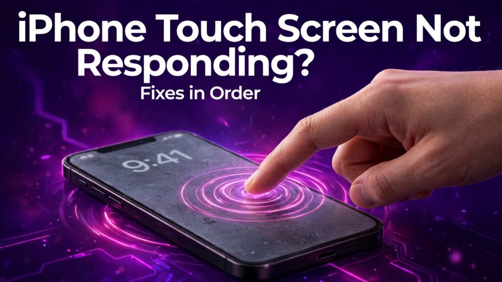fix iPhone touch screen not responding thumbnail showing a finger tapping an unresponsive phone screen and bold title text iPhone Touch Screen Not Responding Fixes in Order