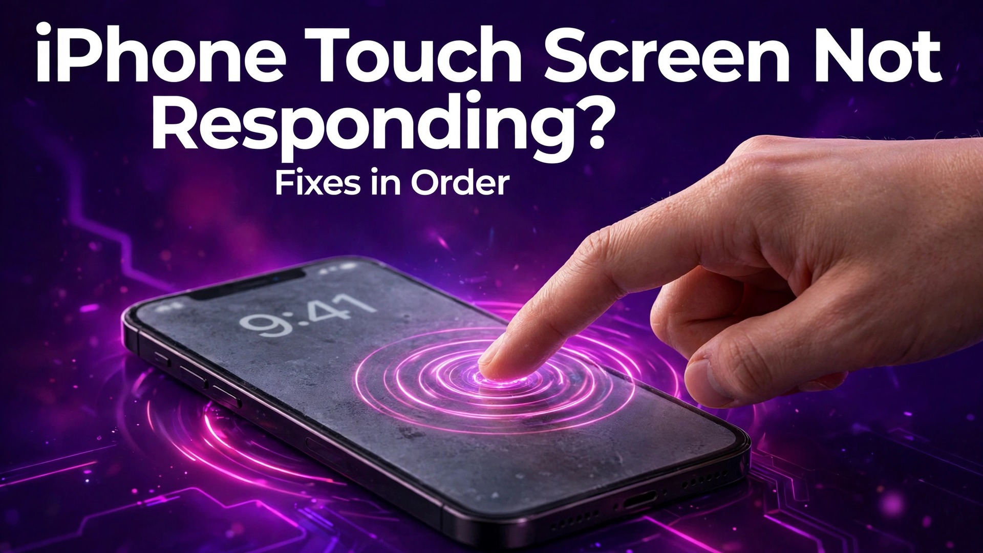 fix iPhone touch screen not responding thumbnail showing a finger tapping an unresponsive phone screen and bold title text iPhone Touch Screen Not Responding Fixes in Order