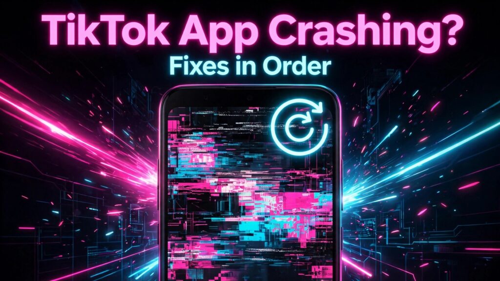 fix TikTok app crashing Android thumbnail showing a phone with a glitching screen and a restart icon and bold title text TikTok App Crashing Fixes in Order