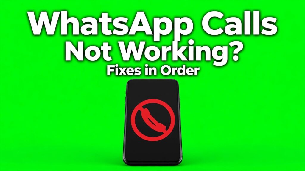 fix WhatsApp calls not working thumbnail showing a phone with a blocked call icon on a green background and bold title text WhatsApp Calls Not Working Fixes in Order
