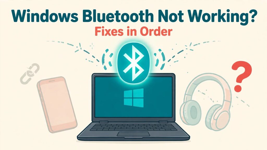 fix Windows bluetooth not working thumbnail showing a laptop with a Bluetooth symbol between a phone and headphones and bold title text Windows Bluetooth Not Working Fixes in Order