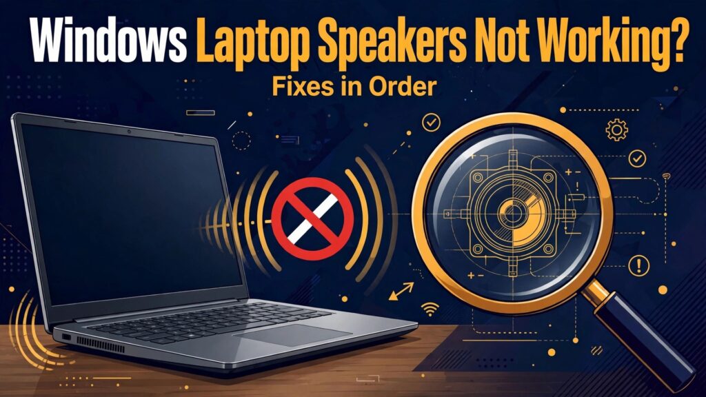 fix Windows laptop speakers not working thumbnail showing a laptop with muted sound and a magnifier over a speaker diagram and bold title text Windows Laptop Speakers Not Working Fixes in Order