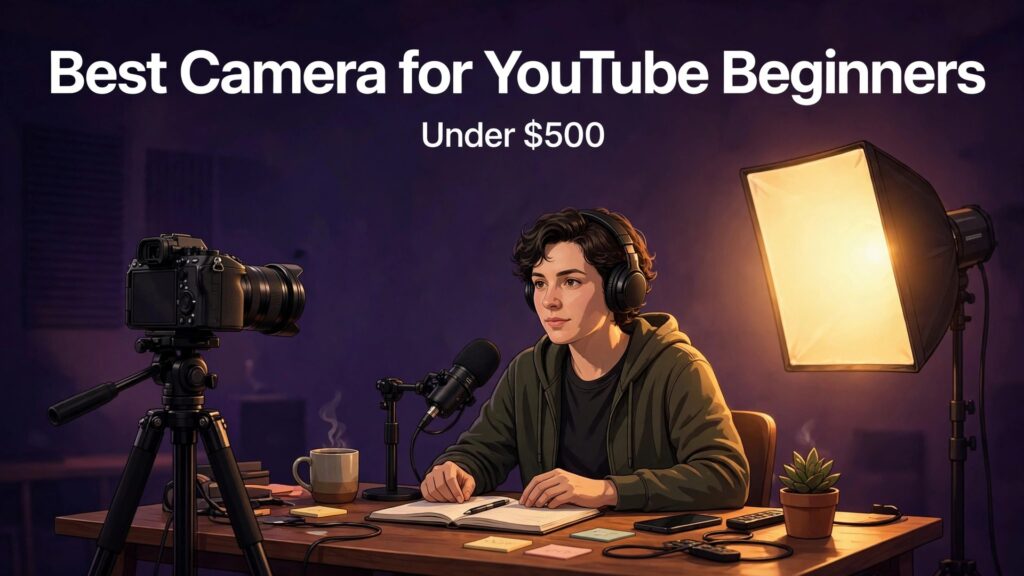 best camera for YouTube beginners under 500 thumbnail showing a beginner camera setup for YouTube and bold title text Best Camera for YouTube Beginners Under 500