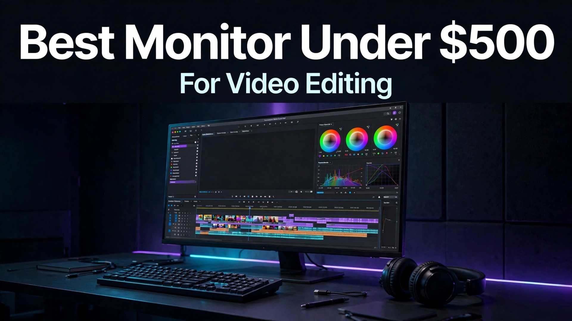 best monitor for video editing under 500 thumbnail showing a video editing monitor setup and bold title text Best Monitor Under 500 For Video Editing