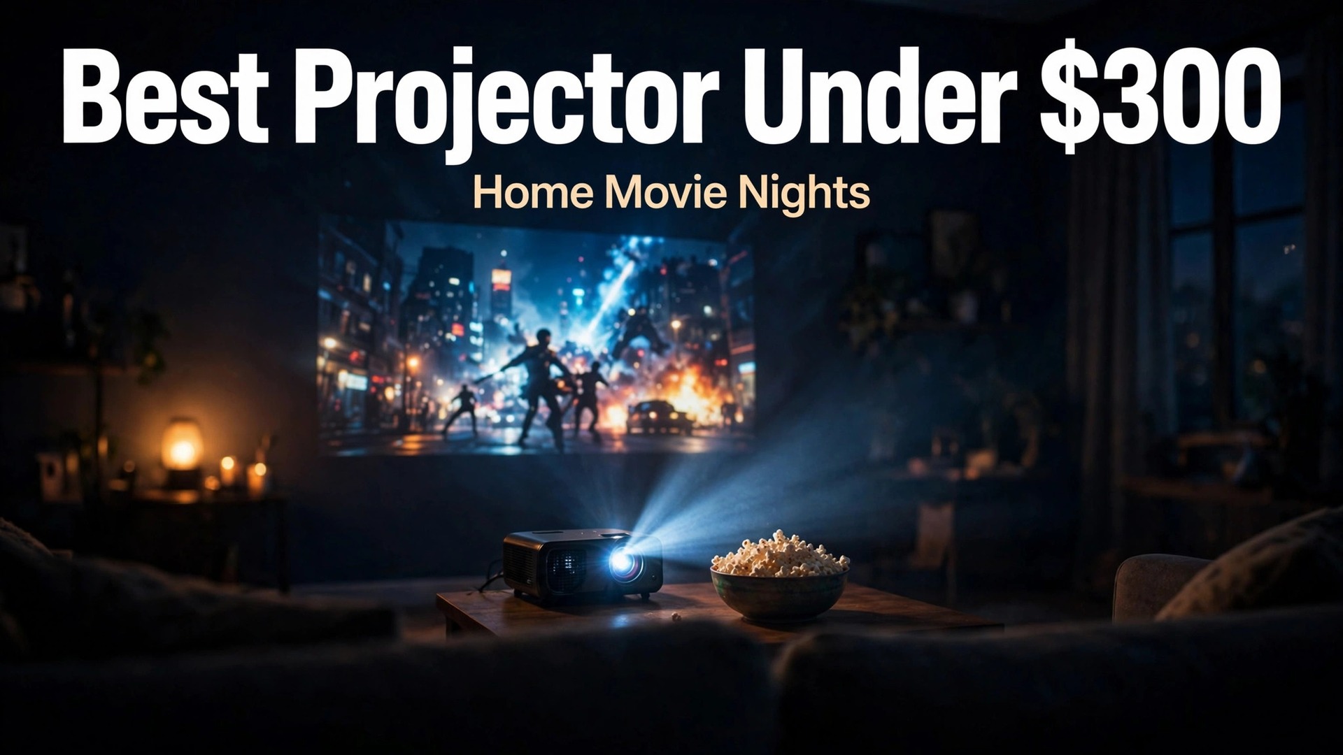 best projector for home movie nights under 300 thumbnail showing a home movie night projection scene and bold title text Best Projector Under 300 Home Movie Nights