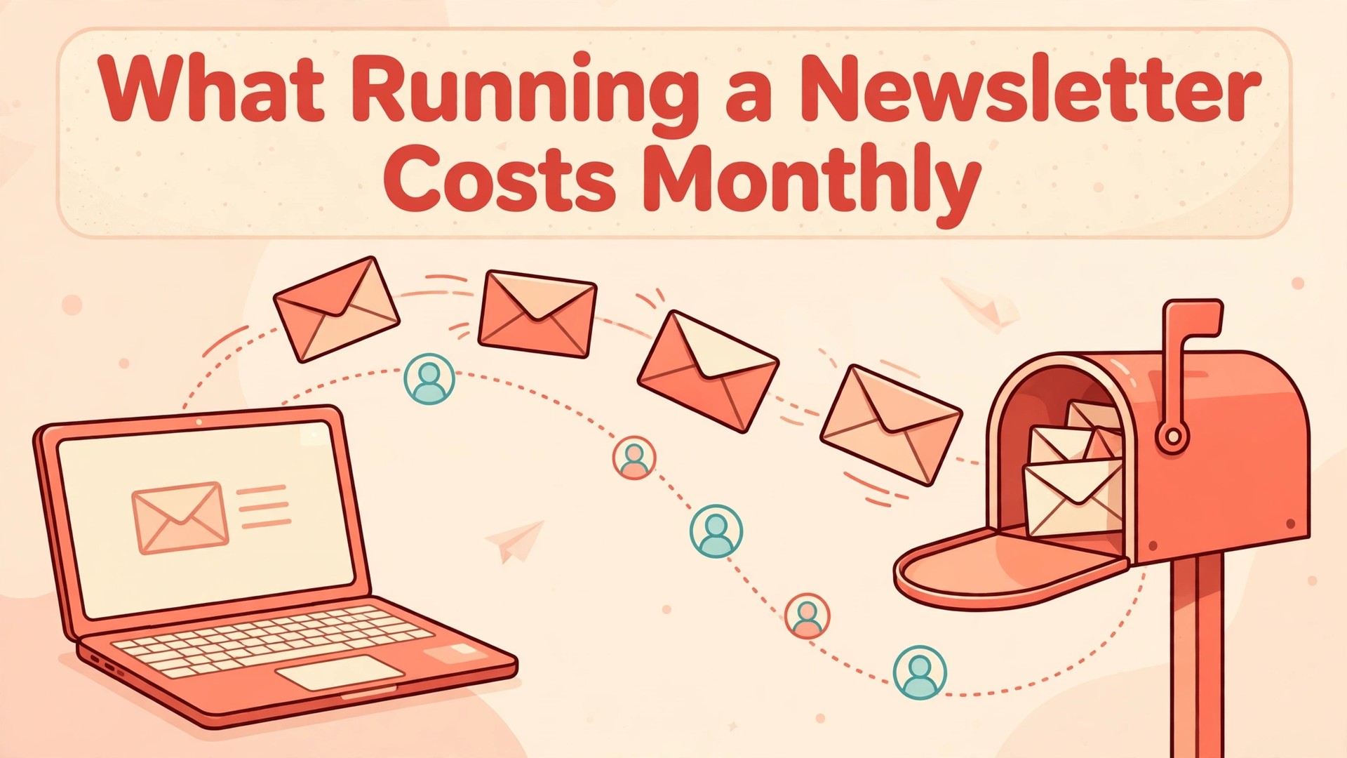 cost of running a newsletter monthly thumbnail showing a laptop envelopes and mailbox flow and bold title text What Running a Newsletter Costs Monthly