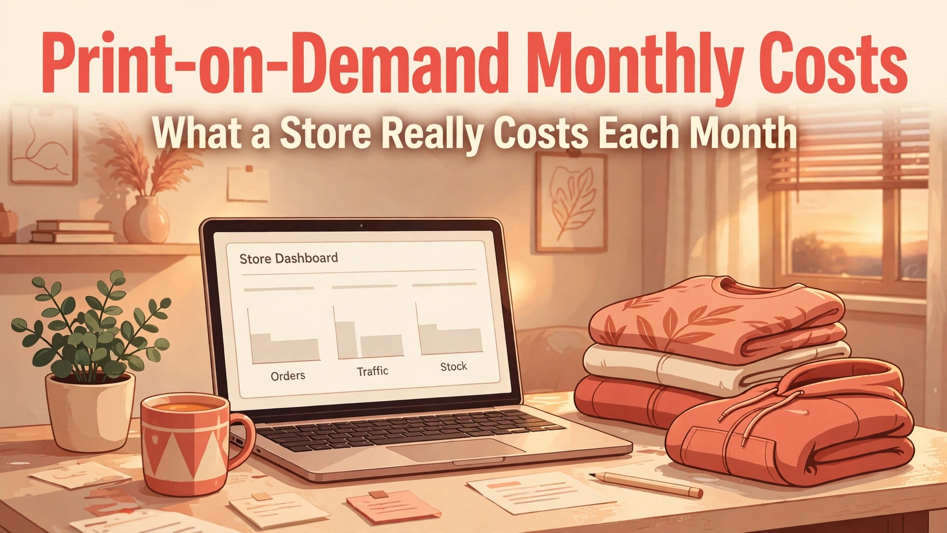 cost of running a print on demand store monthly thumbnail showing a store dashboard with blank cost bars and bold title text Print-on-Demand Monthly Costs What a Store Really Costs Each Month