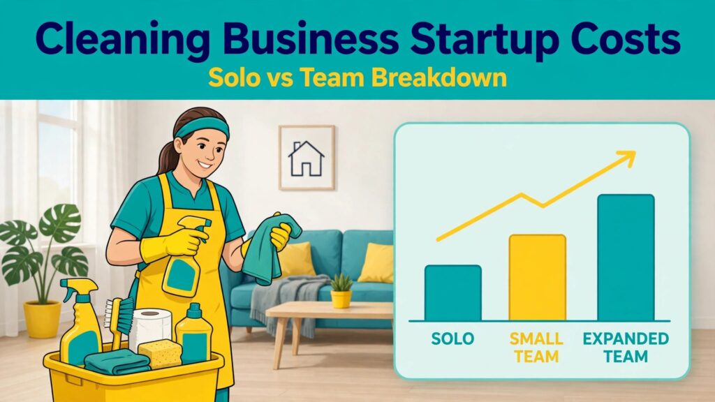 cost of starting a cleaning business breakdown thumbnail showing solo versus team startup cost breakdown and bold title text Cleaning Business Startup Costs Solo vs Team Breakdown