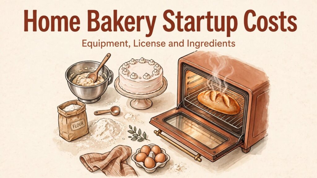 cost of starting a home bakery business breakdown thumbnail showing baking equipment license and ingredients and bold title text Home Bakery Startup Costs Equipment License and Ingredients