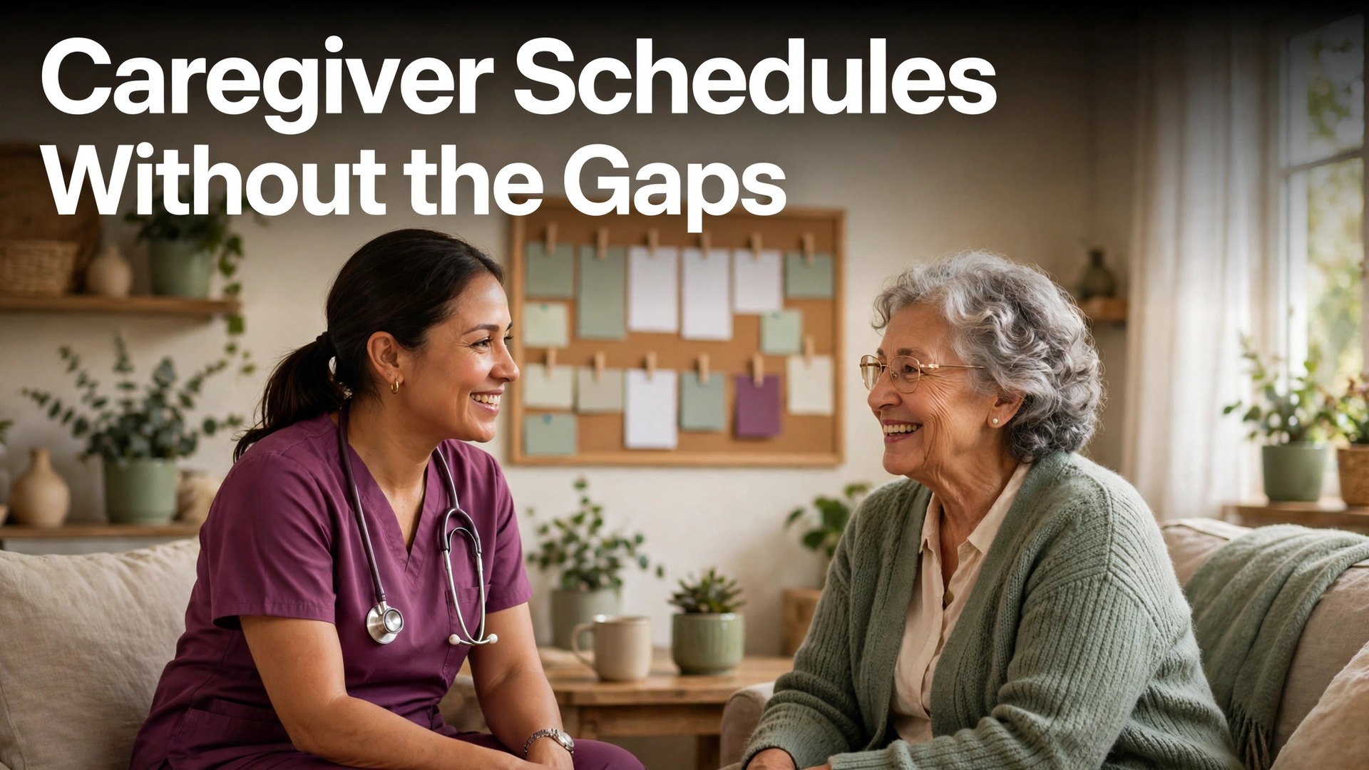use AI for home care agency caregiver scheduling thumbnail showing caregiver schedules without gaps and bold title text Caregiver Schedules Without the Gaps