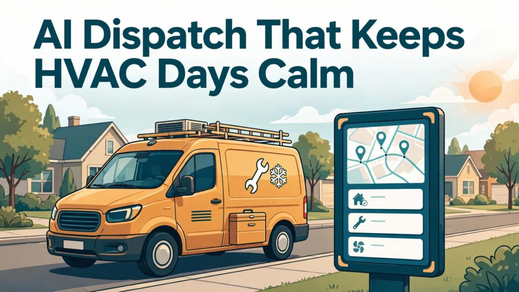 use AI for HVAC business dispatch scheduling thumbnail showing a calm AI dispatch day for HVAC teams and bold title text AI Dispatch That Keeps HVAC Days Calm