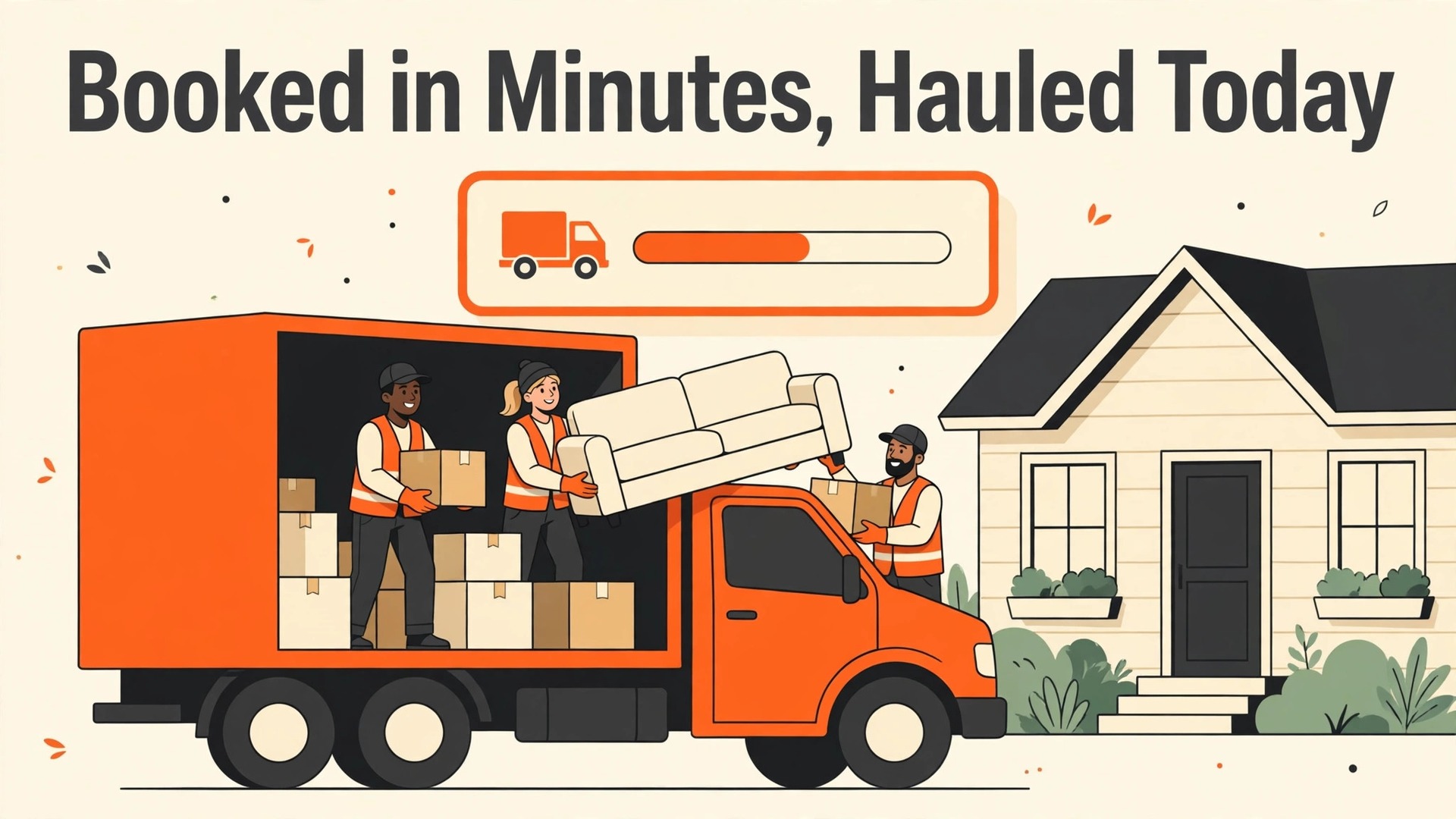 use AI for junk removal business booking quotes thumbnail showing junk removal booked in minutes and hauled today and bold title text Booked in Minutes Hauled Today