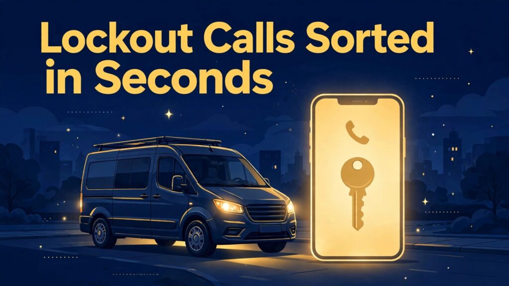 use AI for locksmith emergency call triage thumbnail showing emergency lockout calls sorted fast and bold title text Lockout Calls Sorted in Seconds