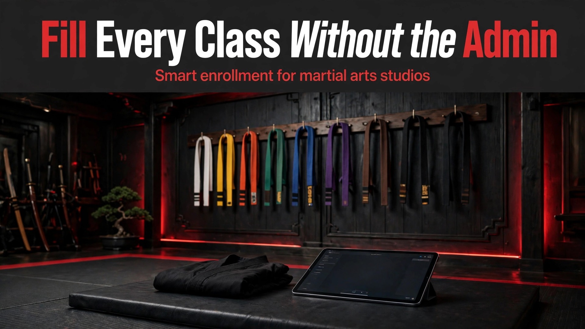 use AI for martial arts studio enrollment management thumbnail showing full martial arts classes without admin work and bold title text Fill Every Class Without the Admin Smart enrollment for martial arts studios