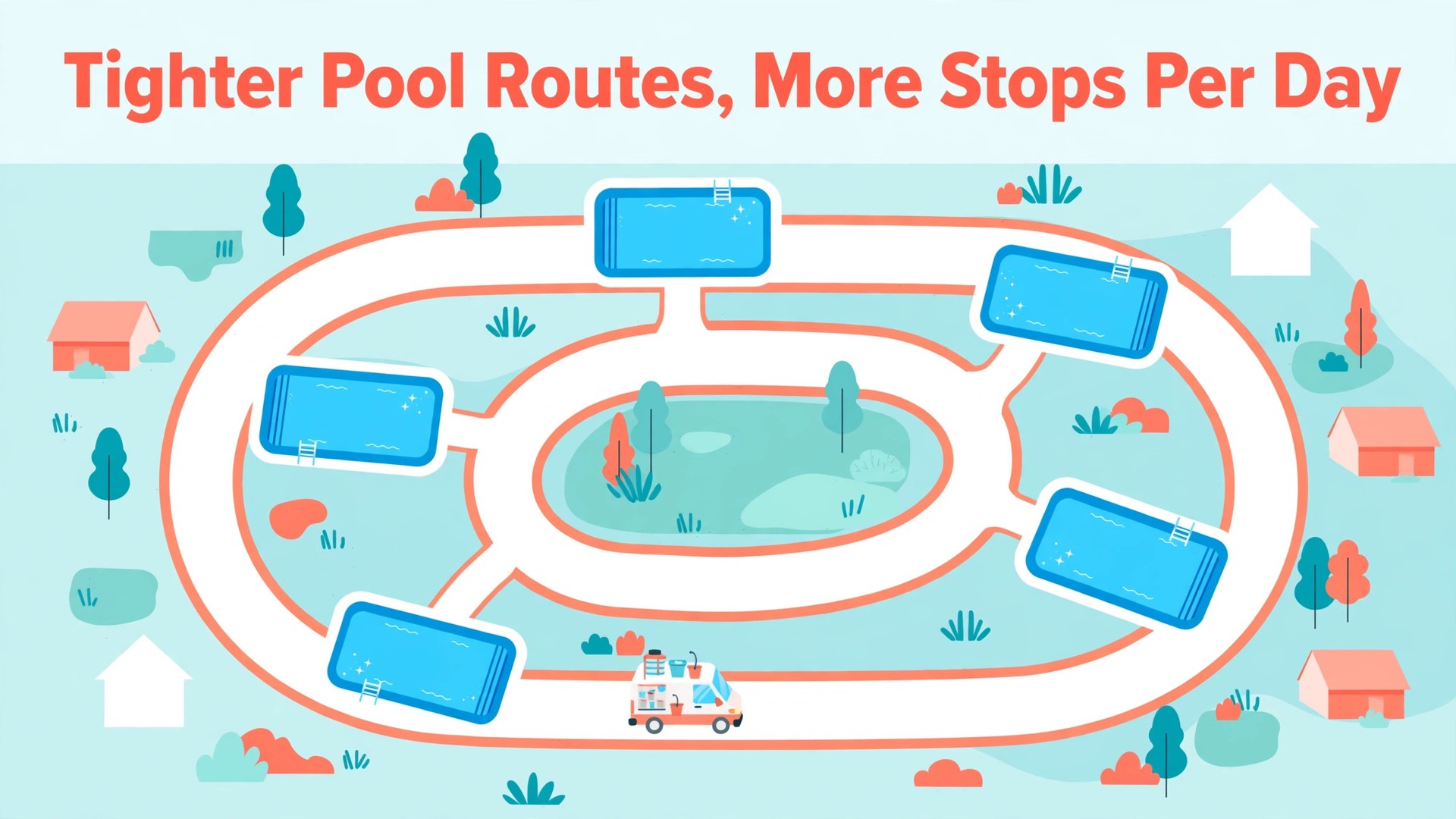 use AI for pool cleaning service route scheduling thumbnail showing tighter pool cleaning routes with more stops per day and bold title text Tighter Pool Routes More Stops Per Day