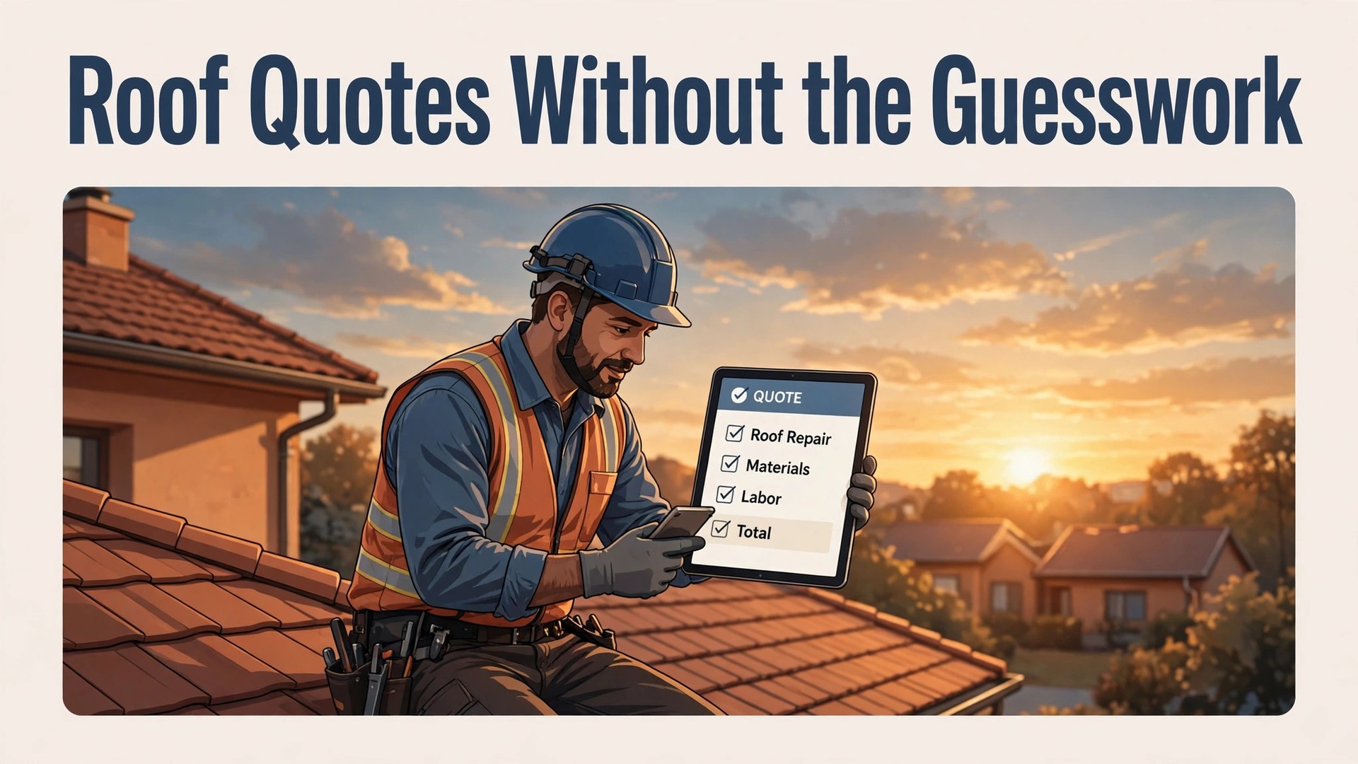 use AI for roofing contractor estimate quotes thumbnail showing roof quote estimating without guesswork and bold title text Roof Quotes Without the Guesswork