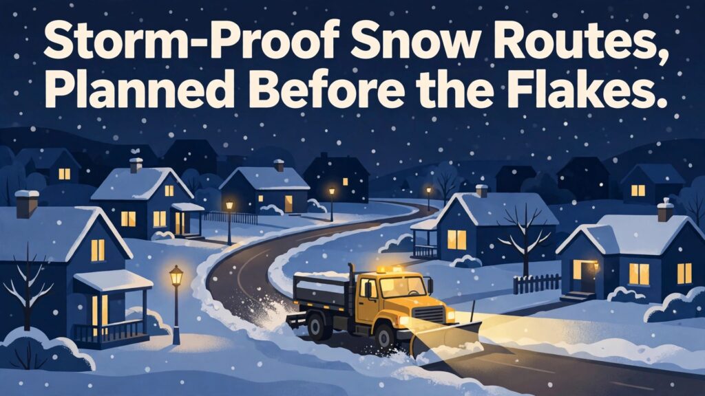 use AI for snow removal service route planning thumbnail showing storm-proof snow routes planned before the flakes and bold title text Storm-Proof Snow Routes Planned Before the Flakes