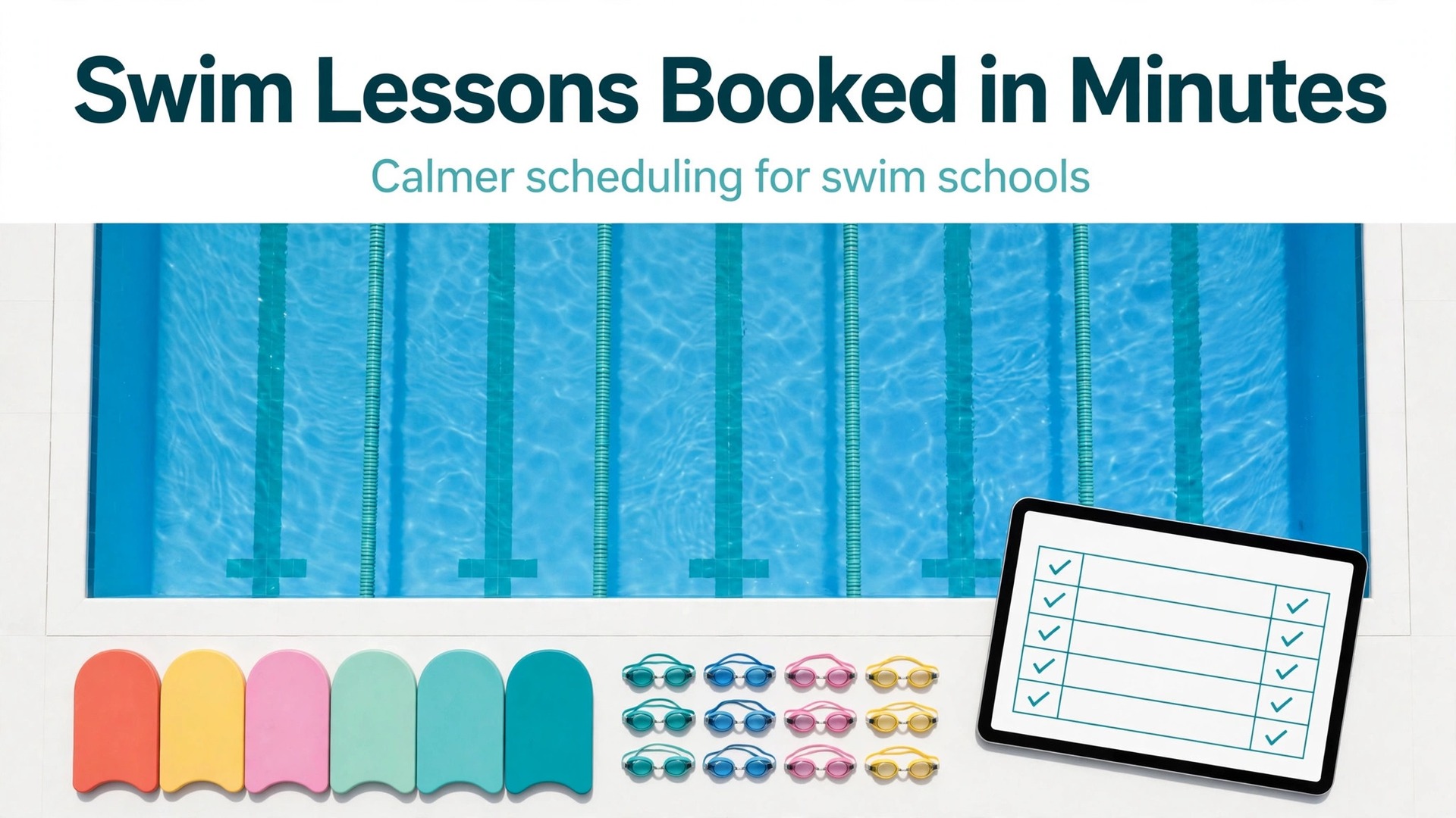 use AI for swim school lesson scheduling thumbnail showing swim lessons booked in minutes with calmer scheduling and bold title text Swim Lessons Booked in Minutes Calmer scheduling for swim schools