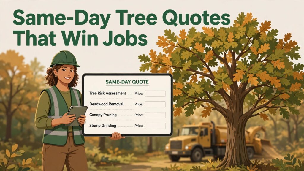 use AI for tree service quote estimates thumbnail showing same-day tree service quotes and bold title text Same-Day Tree Quotes That Win Jobs
