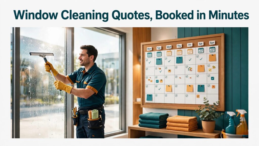 use AI for window cleaning service quote scheduling thumbnail showing window cleaning quotes booked in minutes and bold title text Window Cleaning Quotes Booked in Minutes