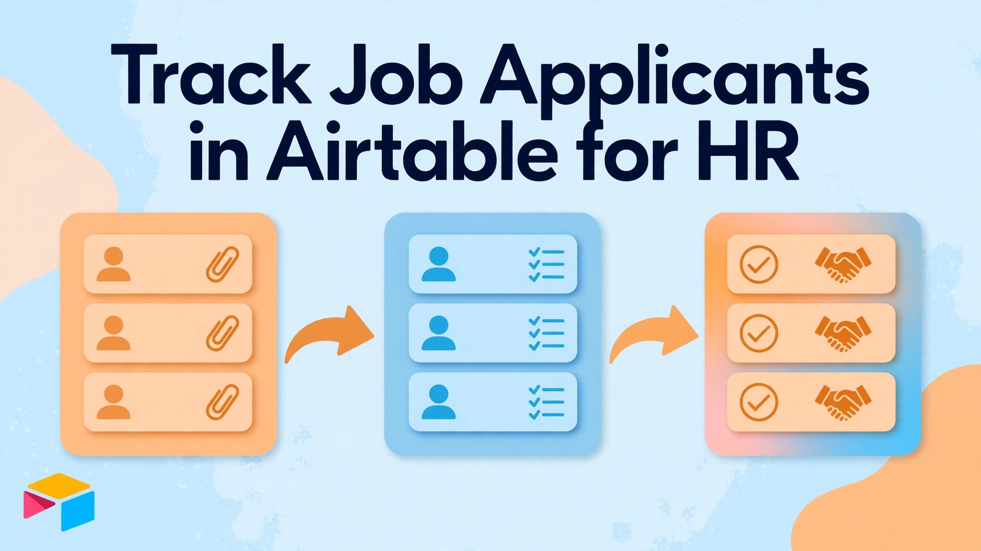 use Airtable for job applicant tracking HR thumbnail showing a hiring pipeline workflow in Airtable and bold title text Track Job Applicants in Airtable