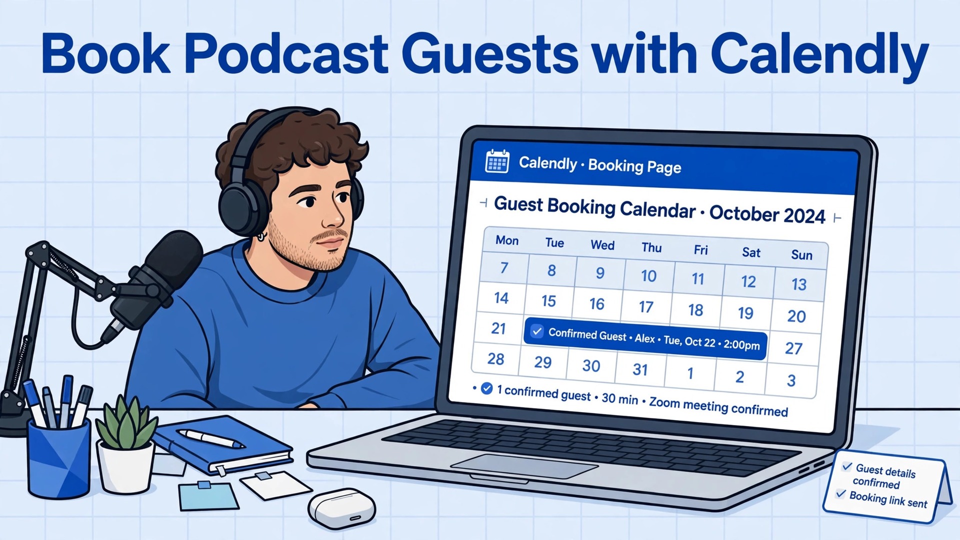 use Calendly for podcast guest booking podcasters thumbnail showing a podcaster comparing messy email scheduling with a clean booking page and bold title text Book Podcast Guests with Calendly