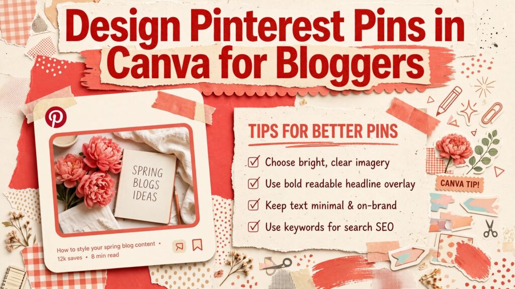 use Canva for Pinterest pins bloggers thumbnail showing a Pinterest pin layout template mockup and bold title text Design Pinterest Pins in Canva