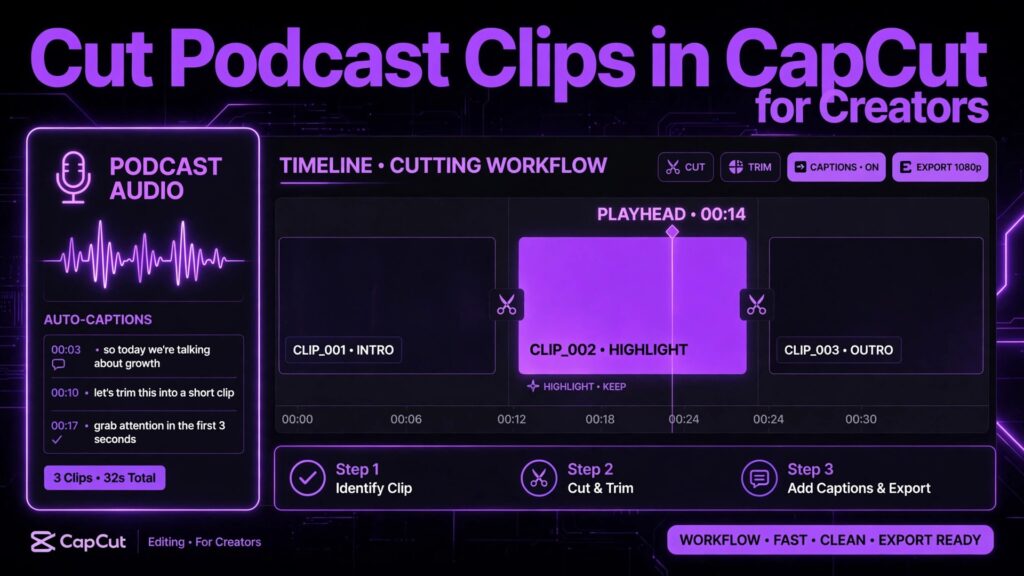 use CapCut for podcast clips creators thumbnail showing a podcast clip cutting workflow in CapCut and bold title text Cut Podcast Clips in CapCut