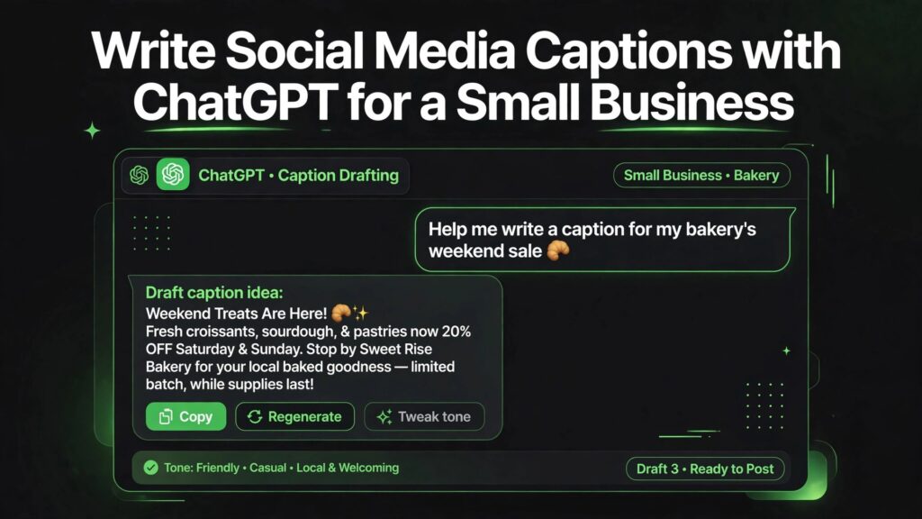 use ChatGPT for social media captions small business thumbnail showing a small business caption drafting mockup and bold title text Write Social Media Captions with ChatGPT