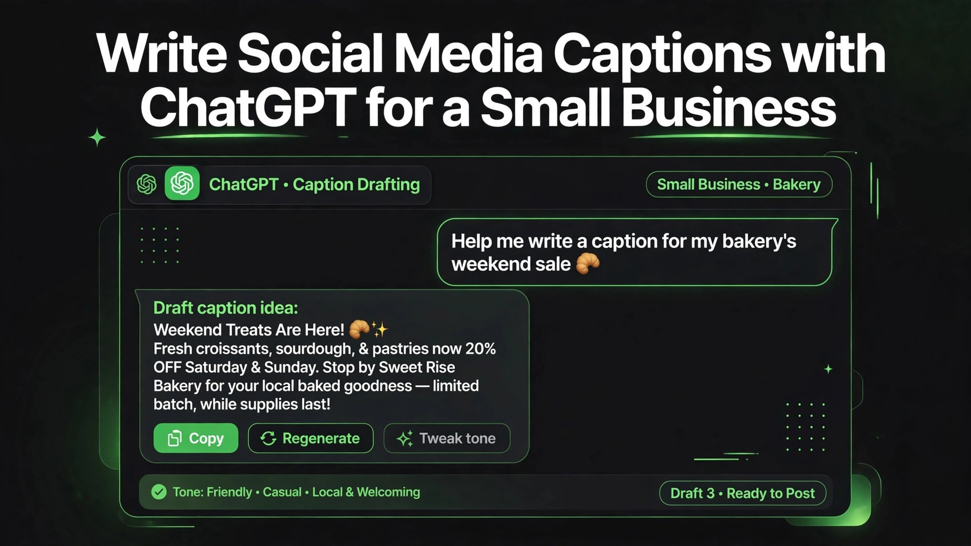 use ChatGPT for social media captions small business thumbnail showing a small business caption drafting mockup and bold title text Write Social Media Captions with ChatGPT