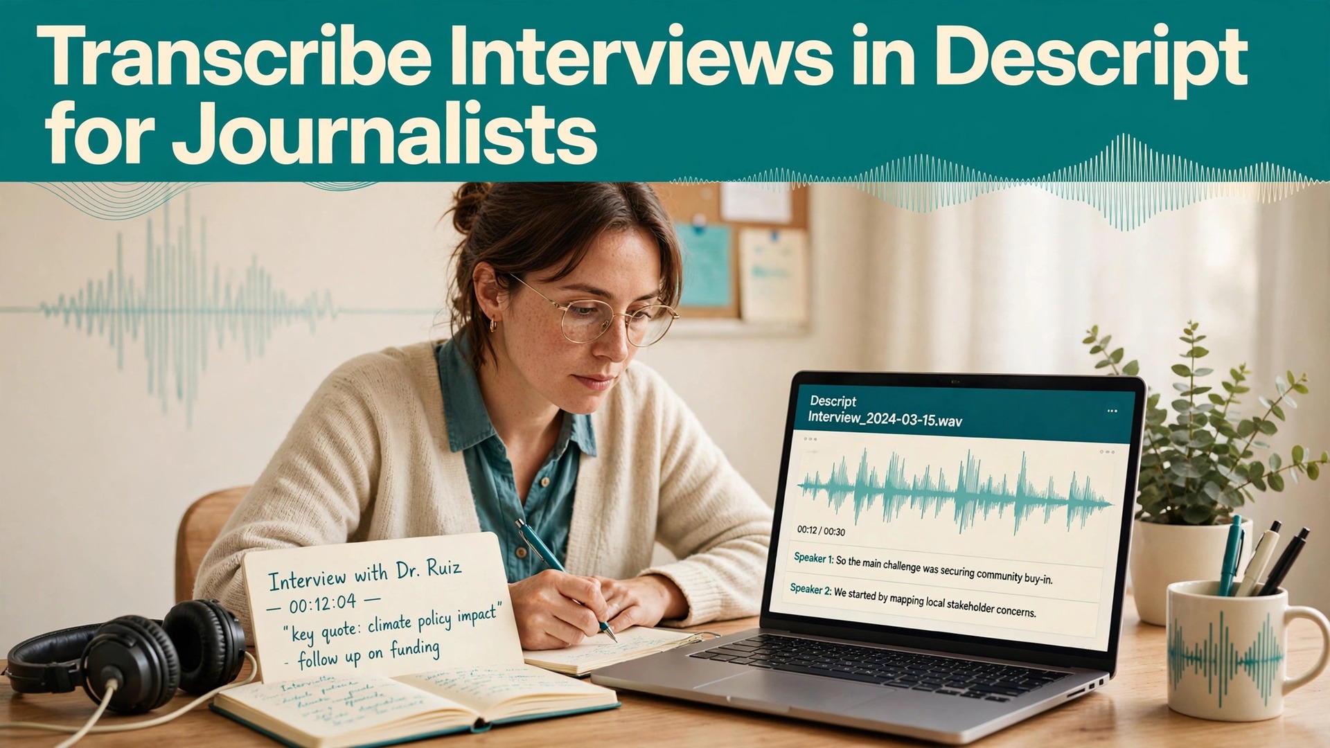 use Descript for interview transcription journalists thumbnail showing a journalist transcribing an interview in Descript and bold title text Transcribe Interviews in Descript