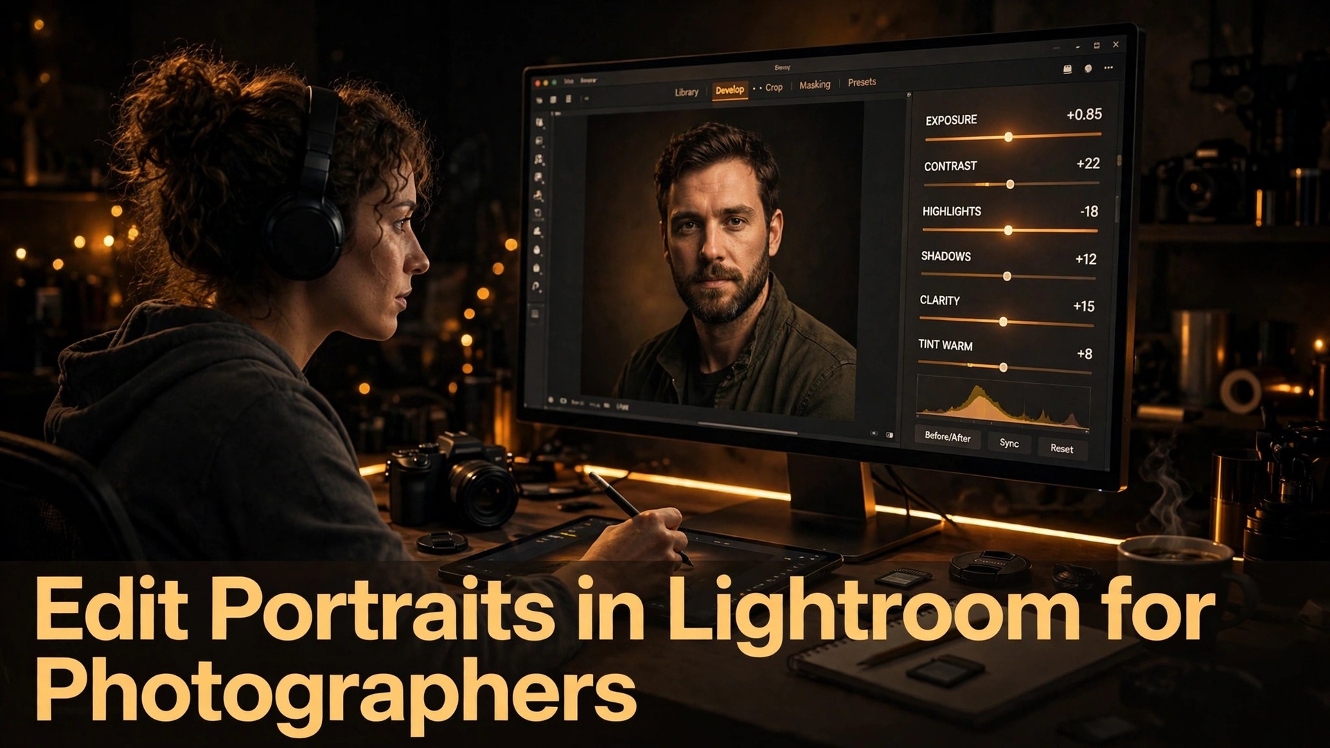 use Lightroom for portrait editing photographers thumbnail showing a portrait before and after Lightroom editing and bold title text Edit Portraits in Lightroom