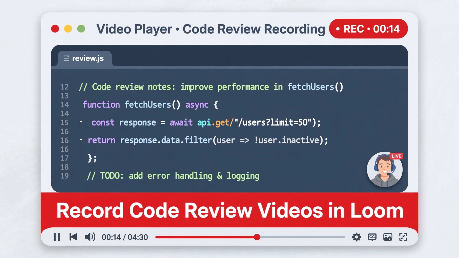use Loom for code review videos developers thumbnail showing a developer recording a code review video with Loom and bold title text Record Code Review Videos in Loom