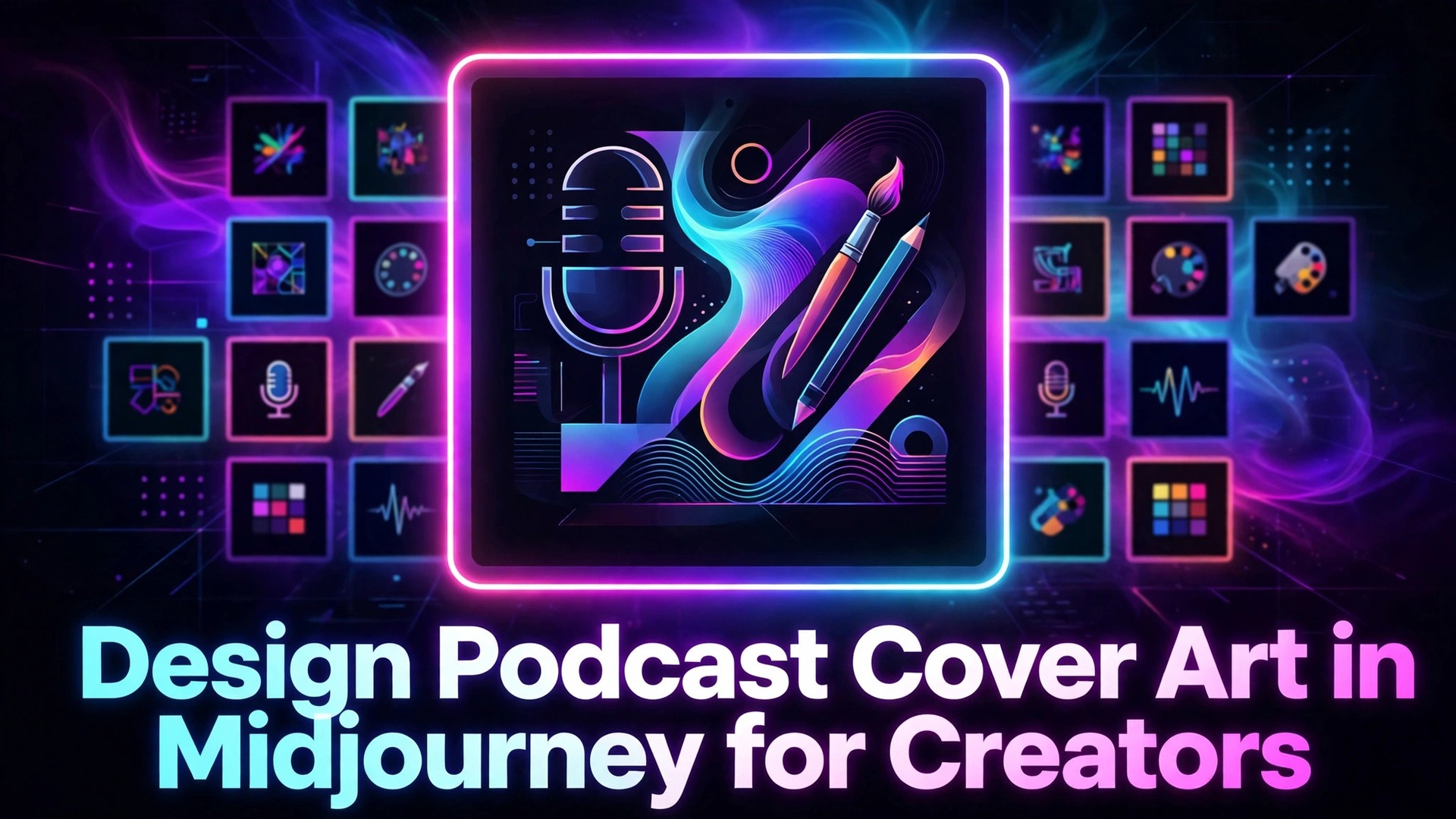 use Midjourney for podcast cover art creators thumbnail showing a podcast cover art mockup at thumbnail size and bold title text Design Podcast Cover Art in Midjourney