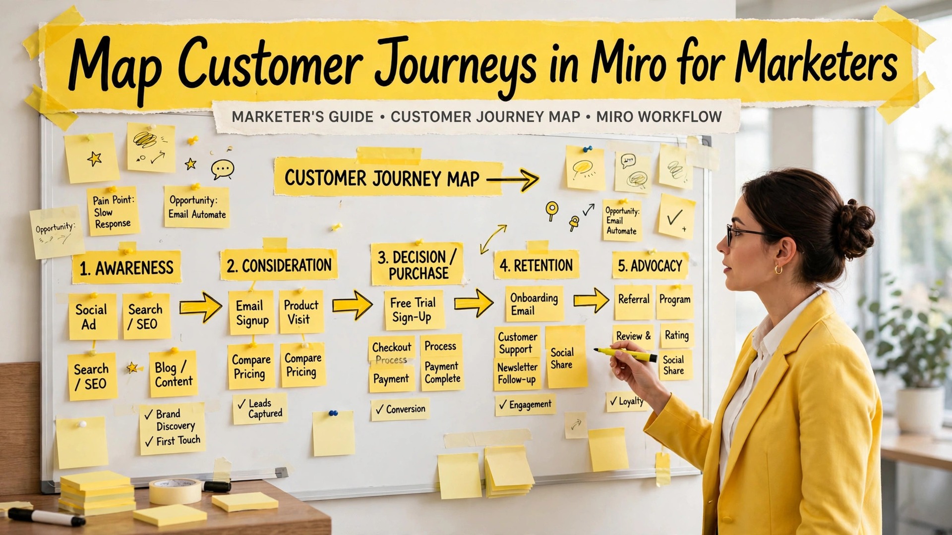 use Miro for customer journey mapping marketers thumbnail showing a customer journey map board on a Miro canvas and bold title text Map Customer Journeys in Miro