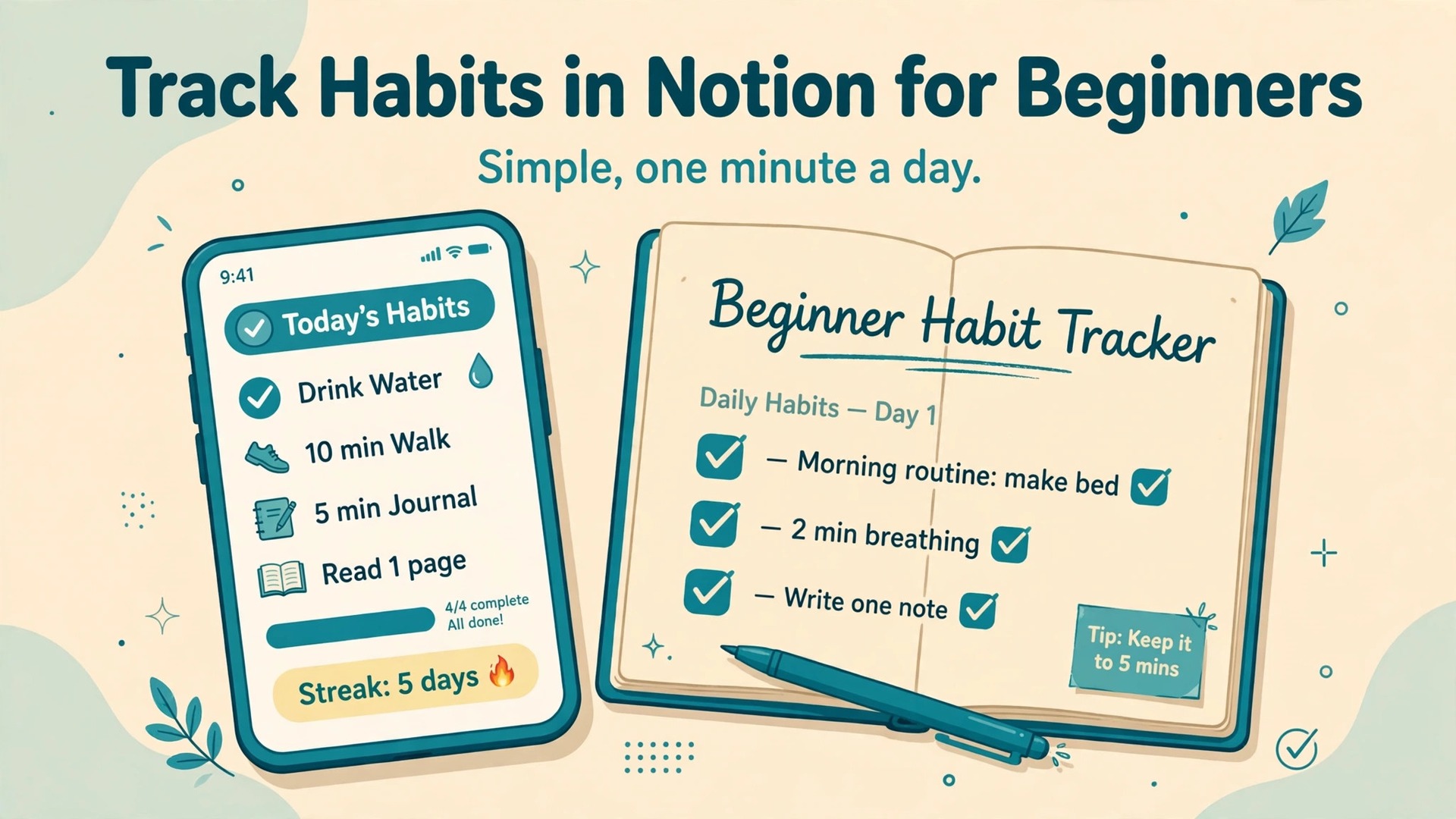 use Notion for habit tracking beginners thumbnail showing a beginner habit tracker checklist in Notion and bold title text Track Habits in Notion