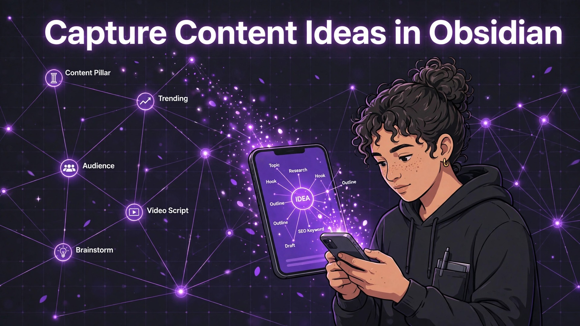 use Obsidian for content ideas creators thumbnail showing a creator capturing an idea into Obsidian on a phone and bold title text Capture Content Ideas in Obsidian