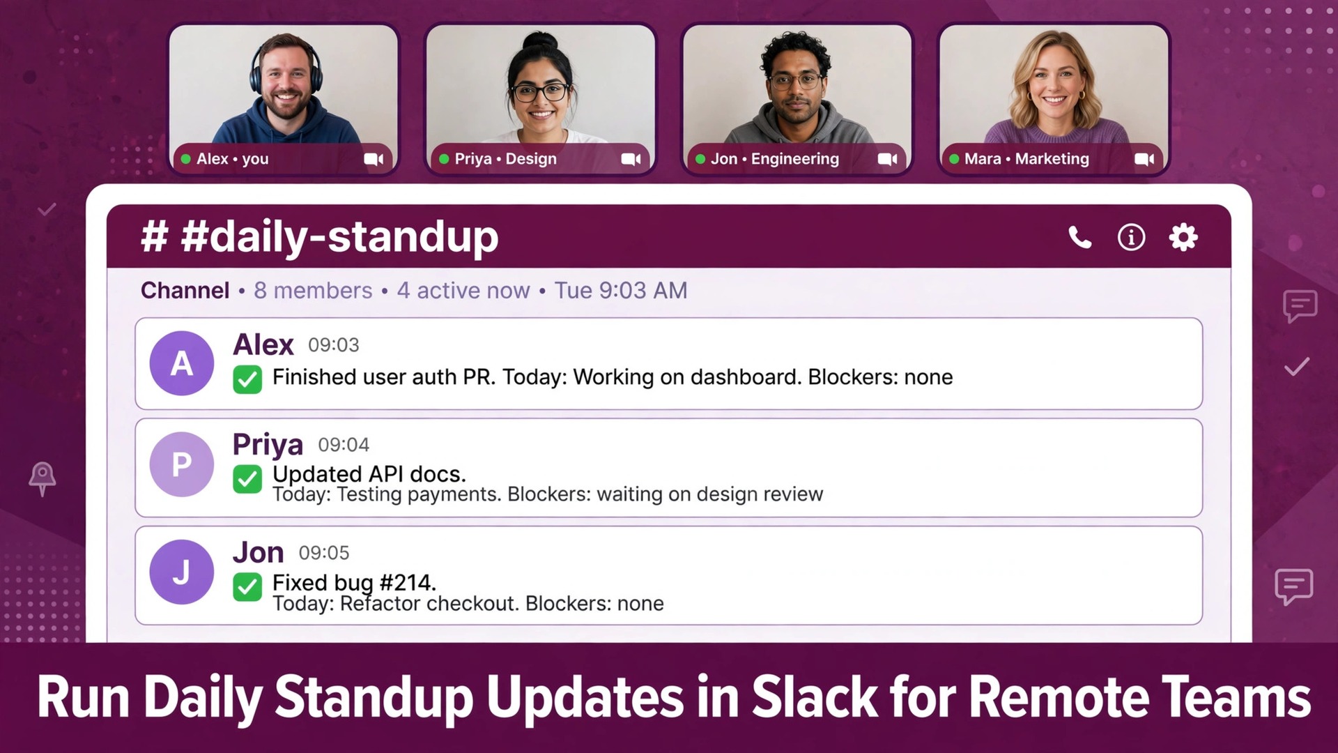 use Slack for daily standup updates remote teams thumbnail showing a remote team comparing a live meeting with async Slack updates and bold title text Run Daily Standup Updates in Slack