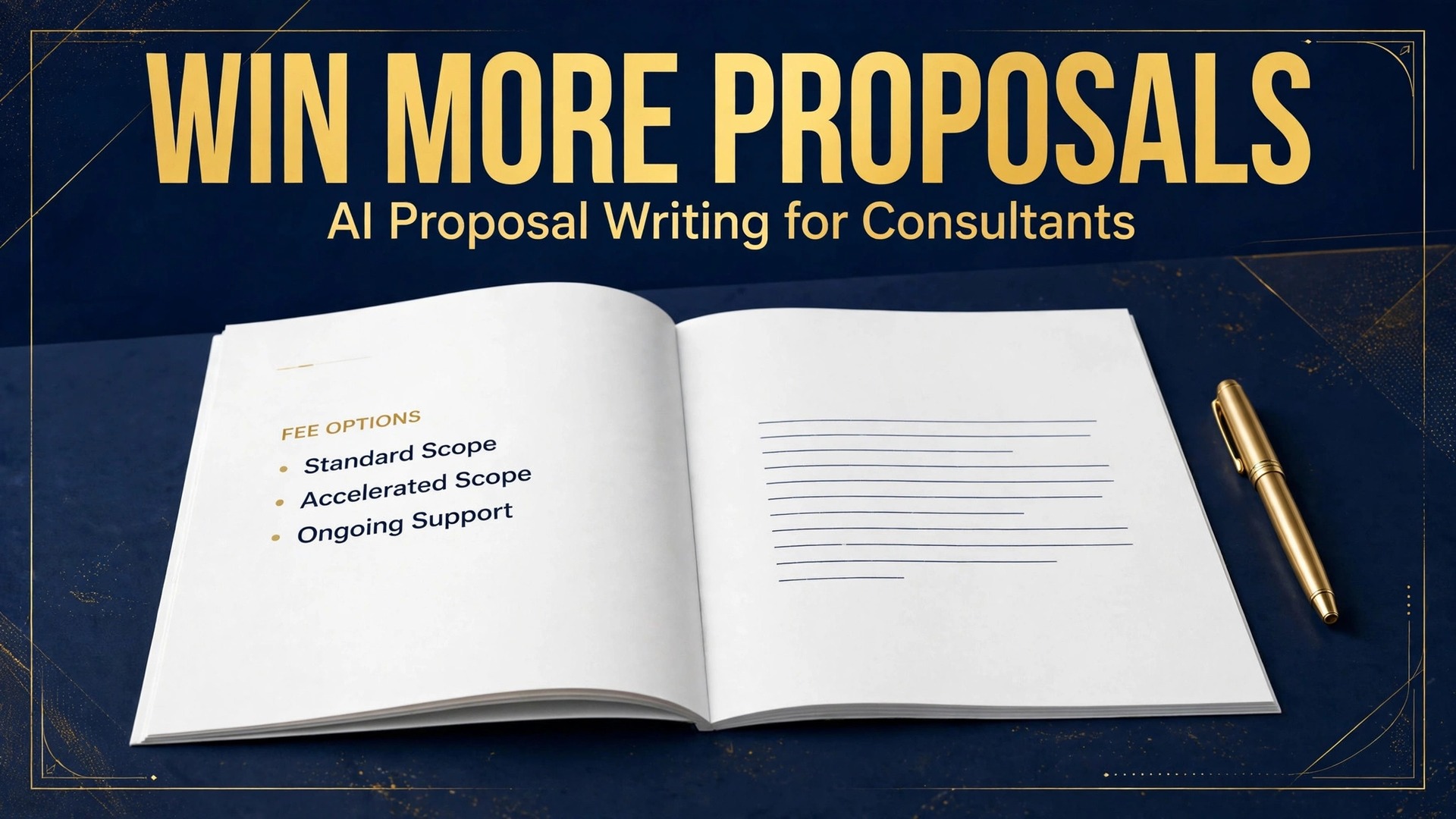 use AI for consulting business proposal writing thumbnail showing a consultant reviewing a proposal document with fee options and bold title text Write Winning Proposals with AI
