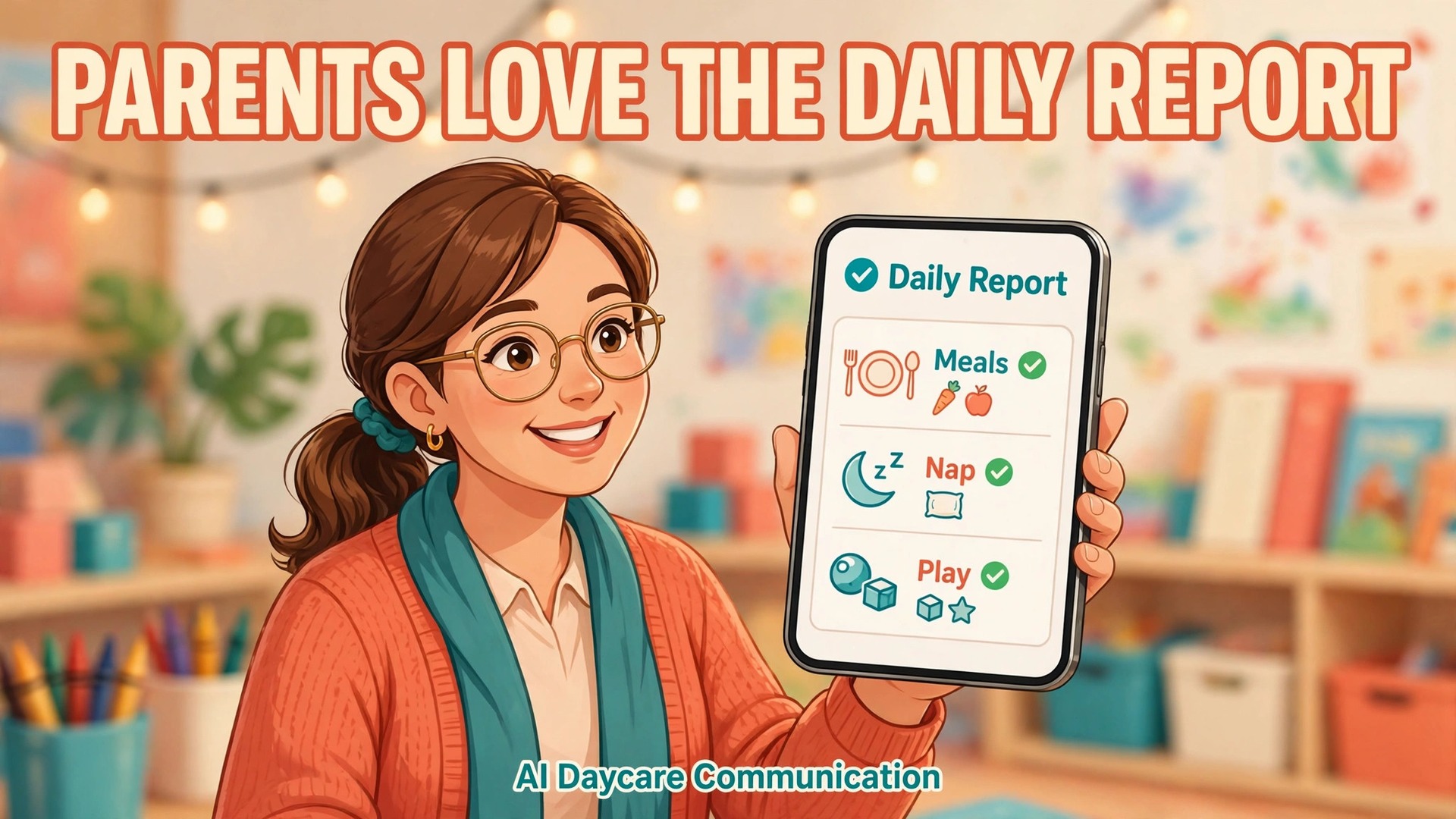 use AI for daycare parent communication thumbnail showing a daycare teacher sending a parent update on a phone and bold title text Communicate with Daycare Parents Using AI