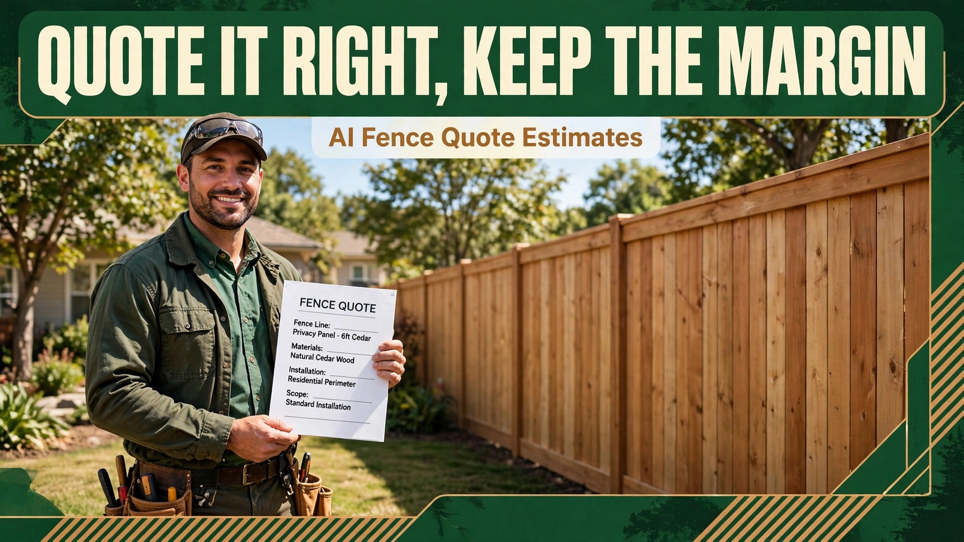 use AI for fencing contractor quote estimates thumbnail showing a fencing contractor measuring a yard for a quote and bold title text Estimate Fencing Jobs with AI